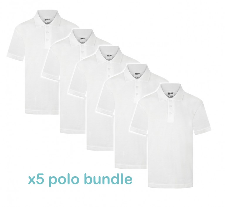 5x Zeco Plain White Polo Shirt Bundle