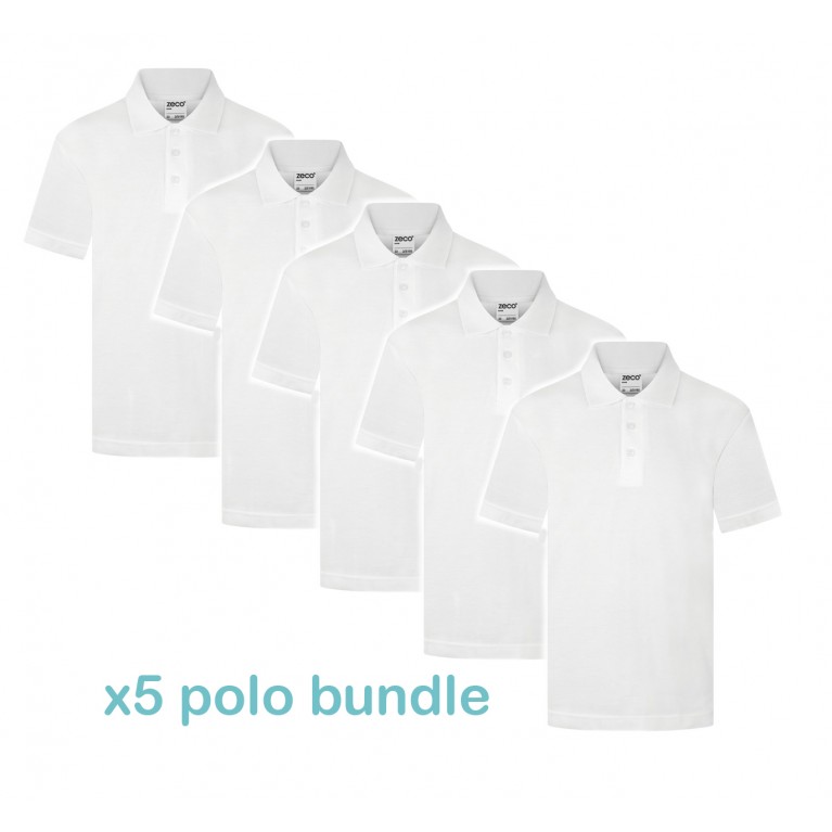 5x Zeco Plain White Polo Shirt Bundle